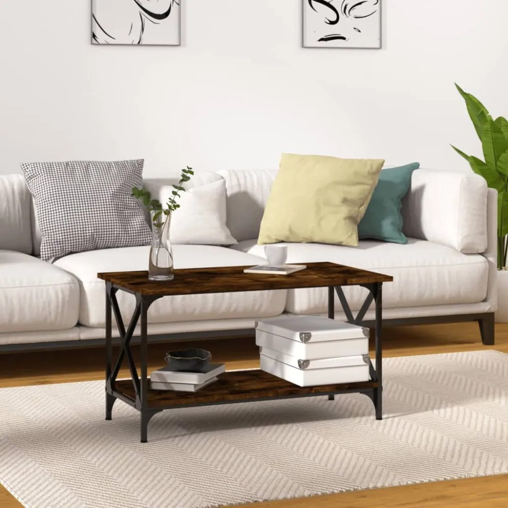 füstös tölgy színű szerelt fa és vas dohányzóasztal 80x45x45 cm