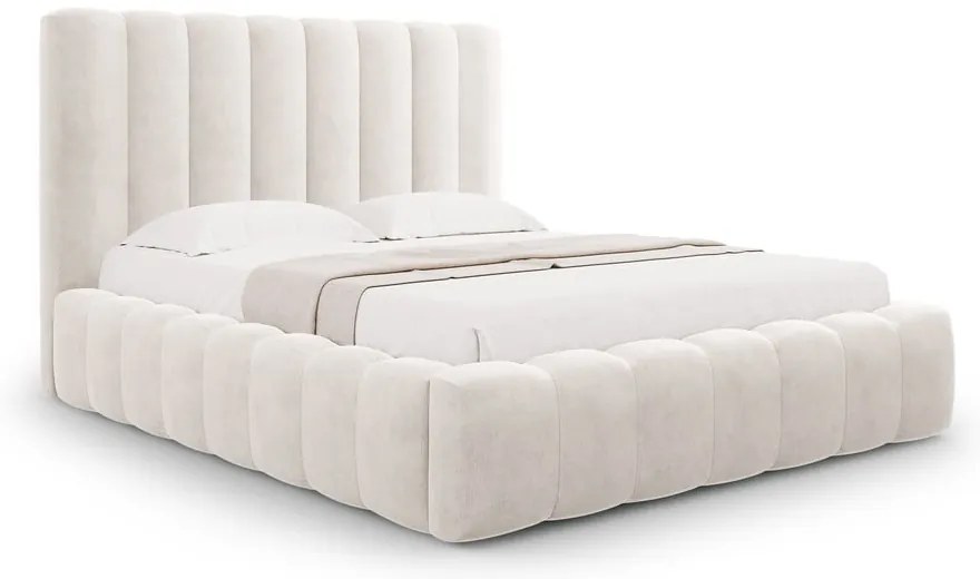 Krémszínű kárpitozott ágyneműtartós franciaágy ágyráccsal 160x200 cm Kelp – Micadoni Home