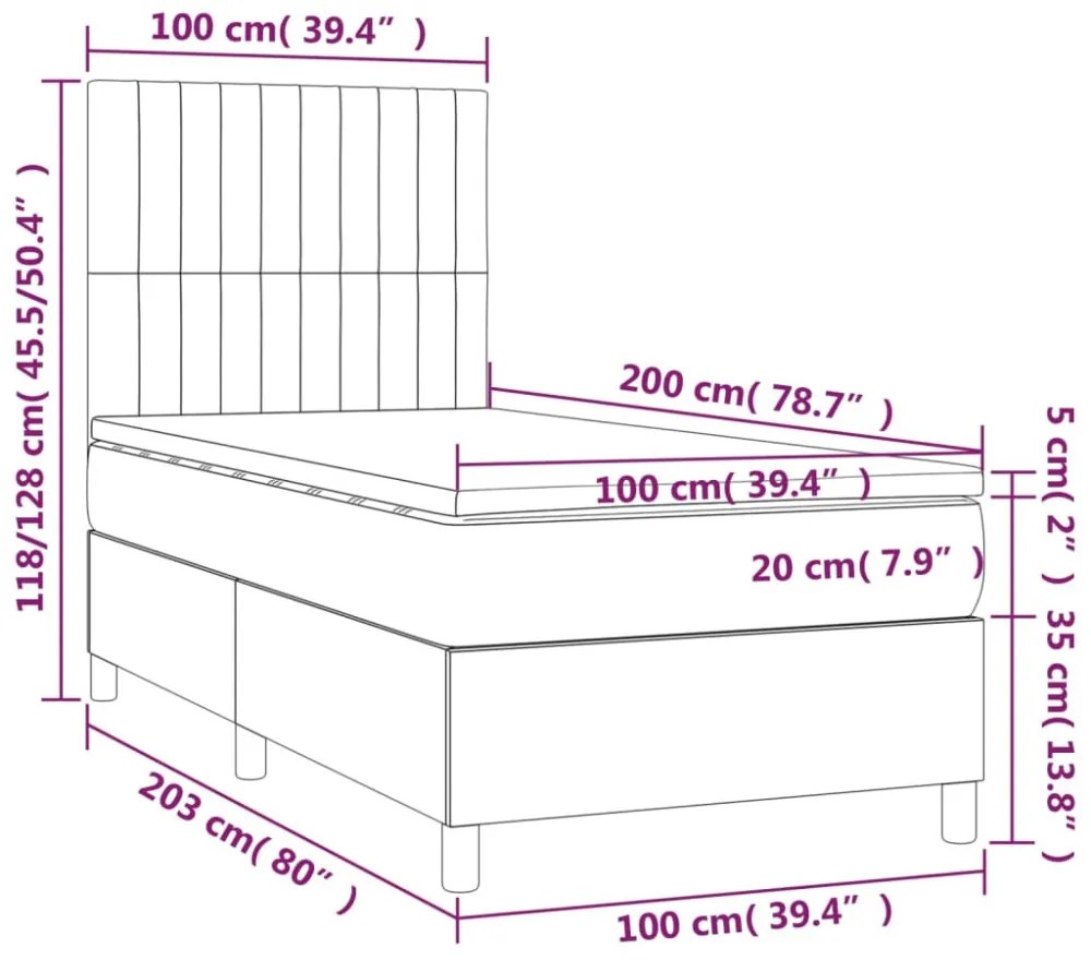 sötétszürke bársony rugós és LED-es ágy matraccal 100x200 cm
