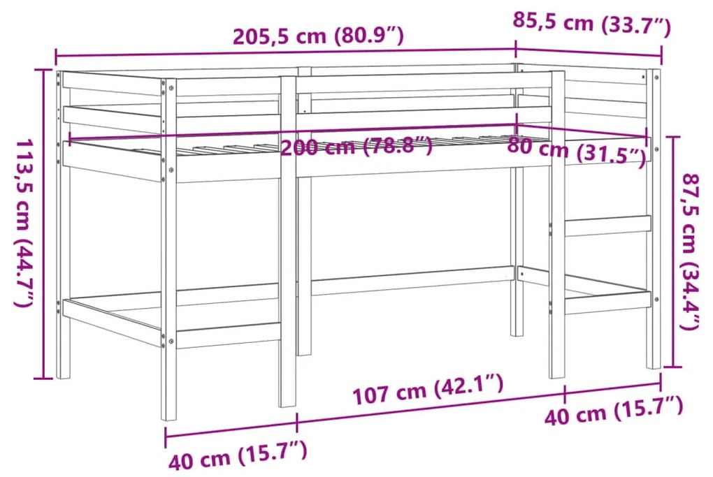 viaszbarna tömör fenyőfa gyerek galériaágy létrával 80 x 200 cm