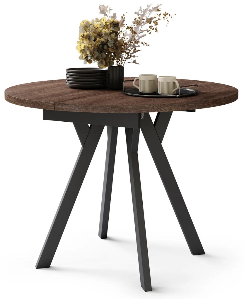 Mazzoni ALMO Barna tölgy/fekete lábak - BŐVÍTHETŐ KEREK ASZTAL Y ALAKÚ LÁBAKKAL LOFT/IPARI STÍLUSÚ NAPPALIBA/ÉTKEZŐBE