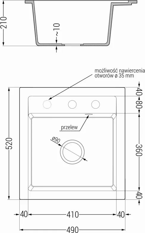 Mexen Vito 1-medencés gránit mosogató 520 x 490 mm, fehér, arany szifon - 6503521000-20-G