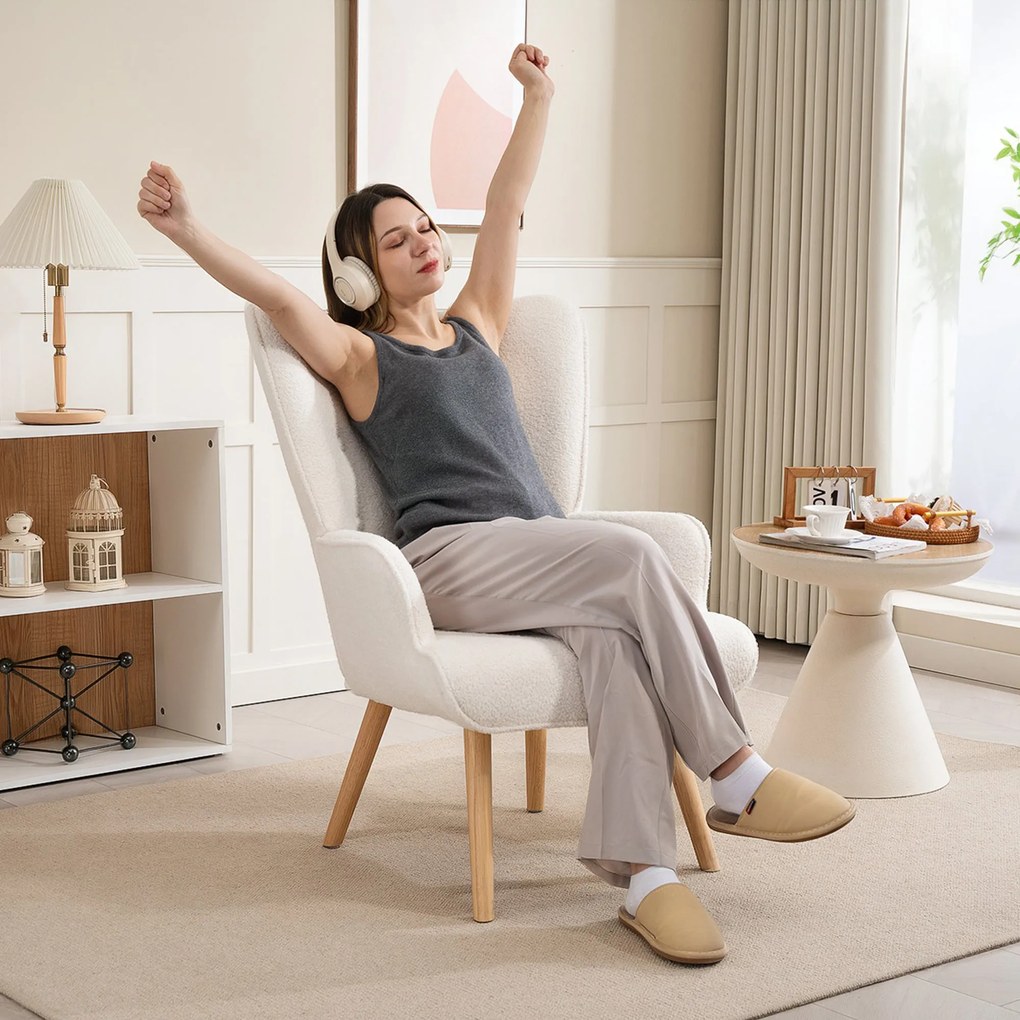 HOMCOM Boucle Szövet Pihenőszék, Modern Kárpitozott Fotel Fából Készült Lábakkal, Ergonomikus Támla és Kartámasz, Étkezőbe, Nappaliba, Hálószobába, Ir