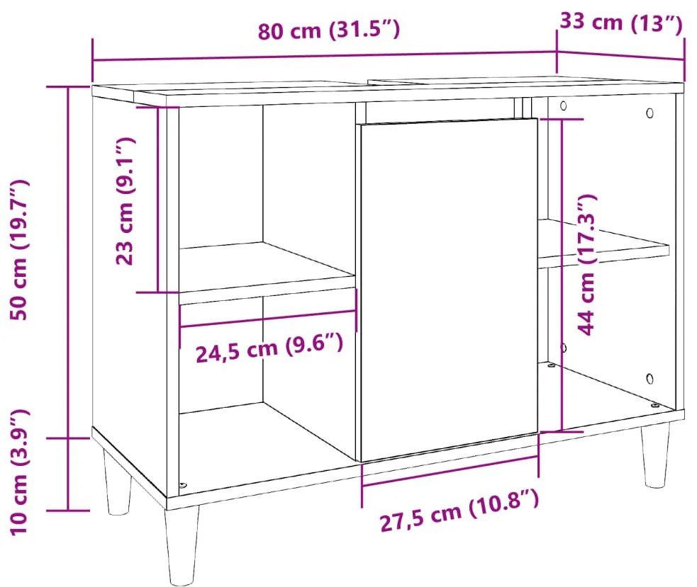kézműves tölgy színű szerelt fa mosdószekrény 80 x 33 x 60 cm