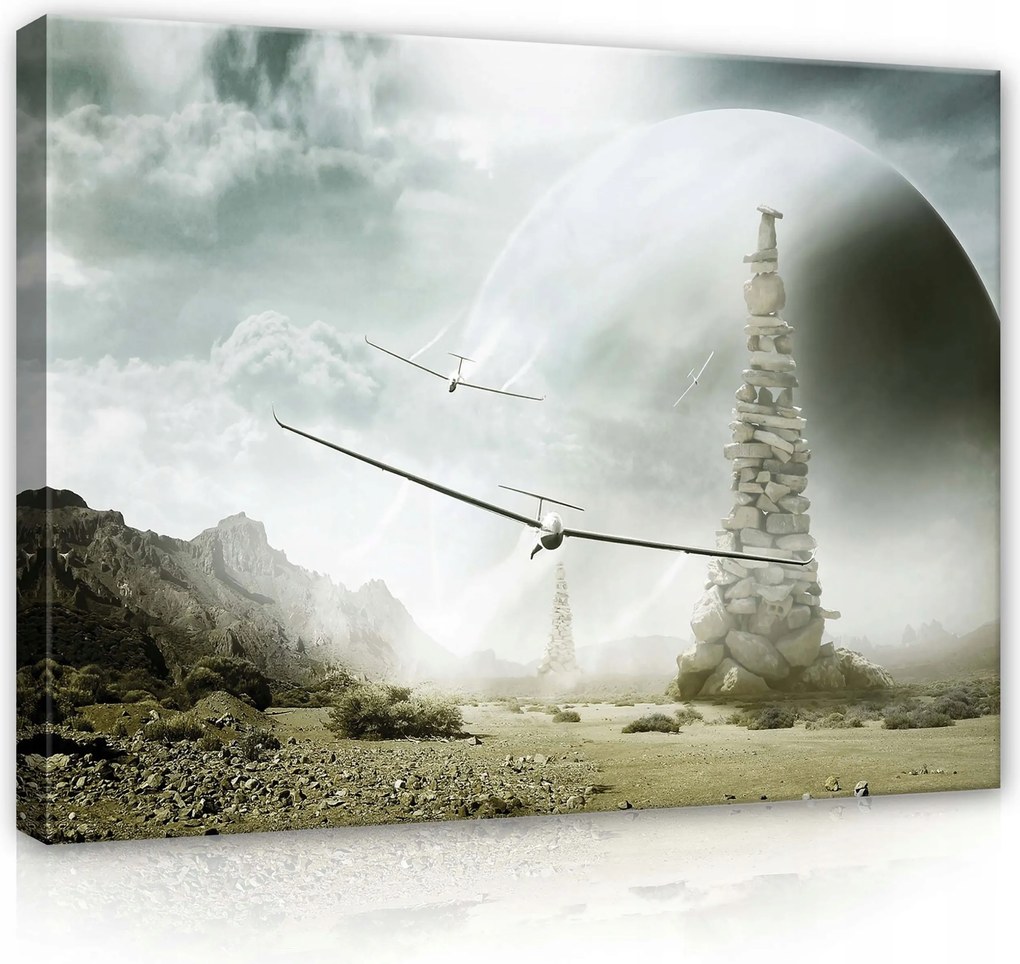 Vászonkép 100x75 Tájkép fantasztikus szürrealizmus bolygó torony kozmosz