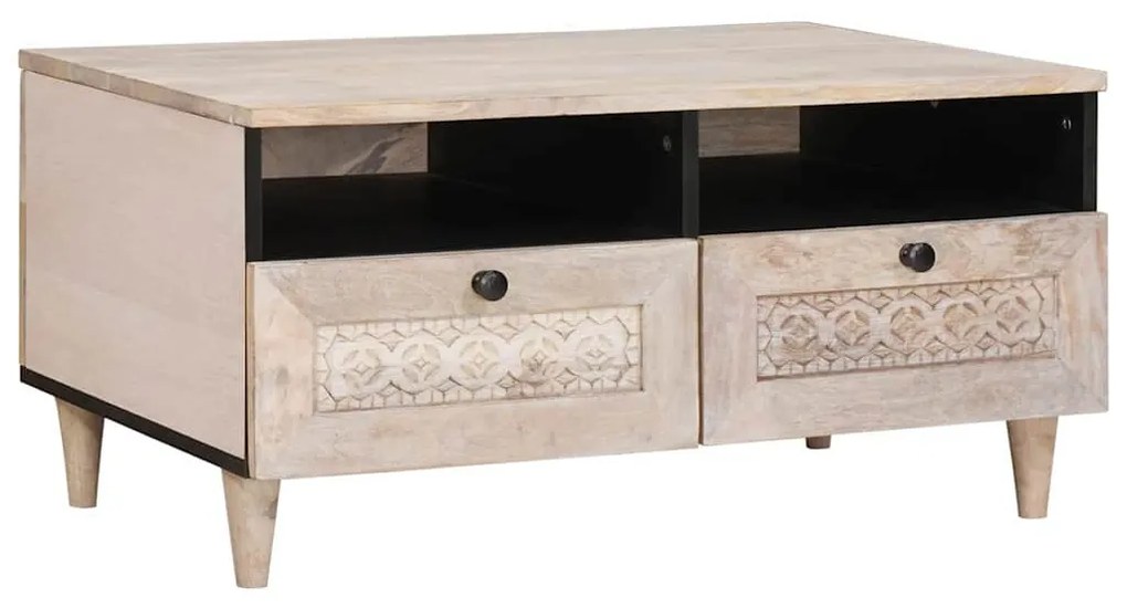 Dohányzóasztal fiókkal Fehér 80 x 54 x 40 cm tömör mangófa