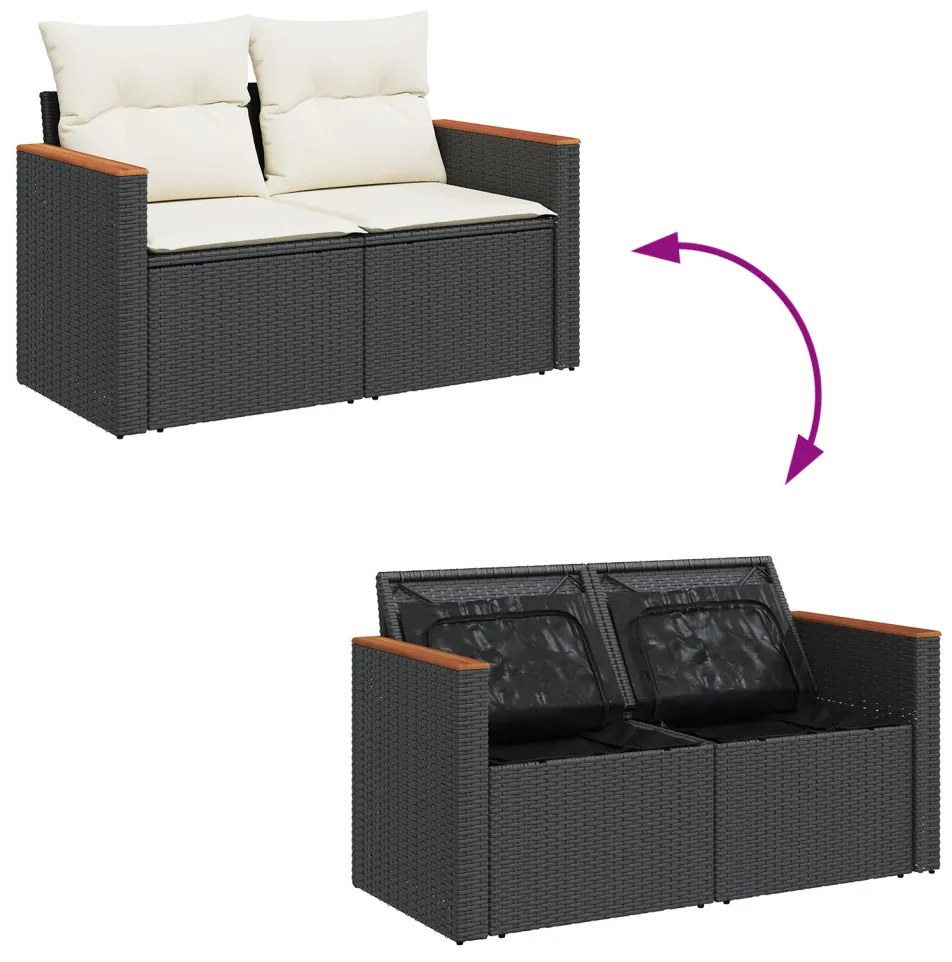 9 darabos Kerti Sofa Szett párnákkal Fekete Polirattan Akácia
