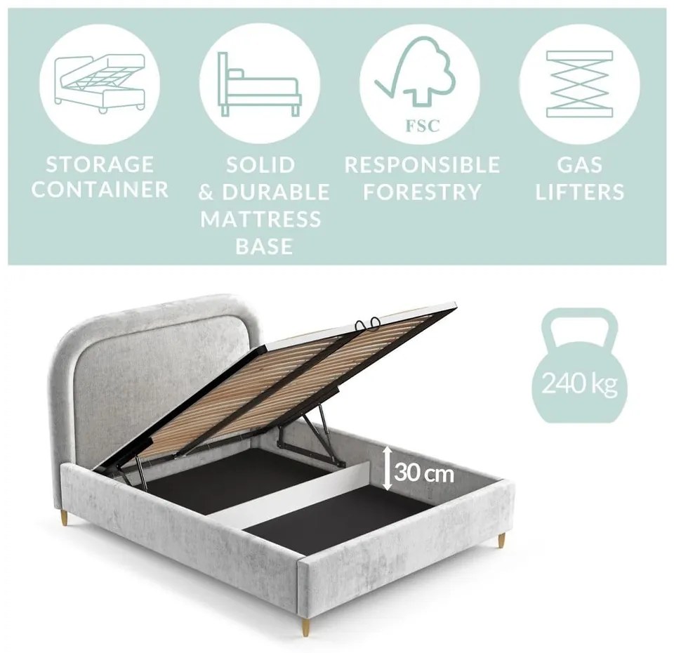 Világosszürke kárpitozott ágyneműtartós franciaágy ágyráccsal 180x200 cm Mija – Maison de Rêve