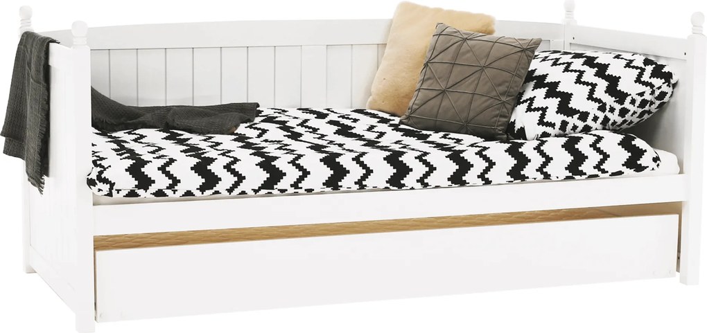 Ágy pótággyal, tűnyalábos fenyőfa, fehér, 90x200, GLAMIS