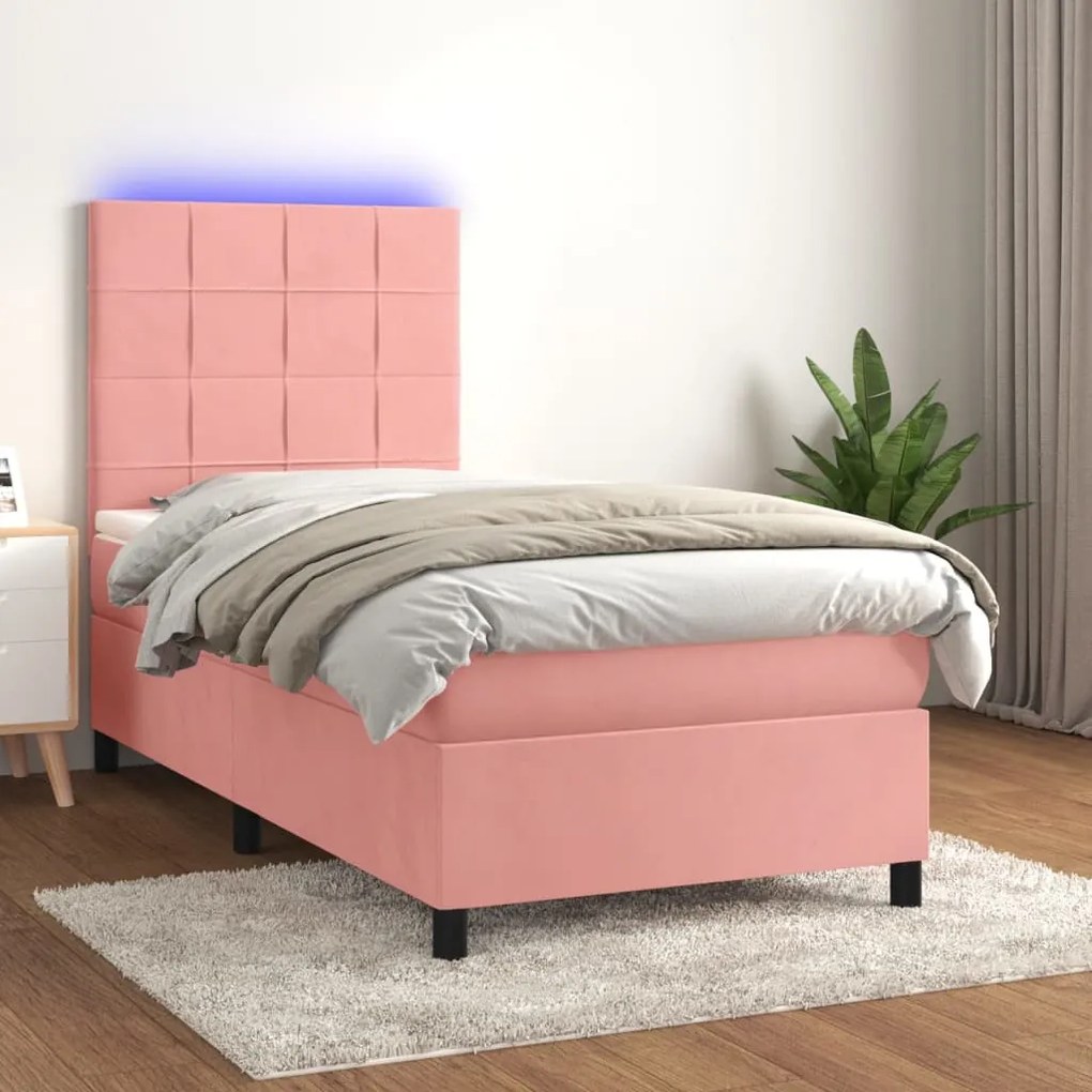 rózsaszín bársony rugós és LED-es ágy matraccal 100x200 cm