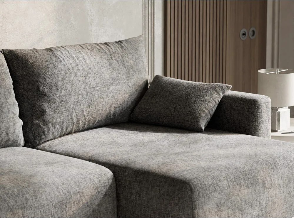 Szürke zsenília kinyitható-tárolóhelyes sarokkanapé (jobb oldali-heverő résszel) Leon – Maison de Rêve