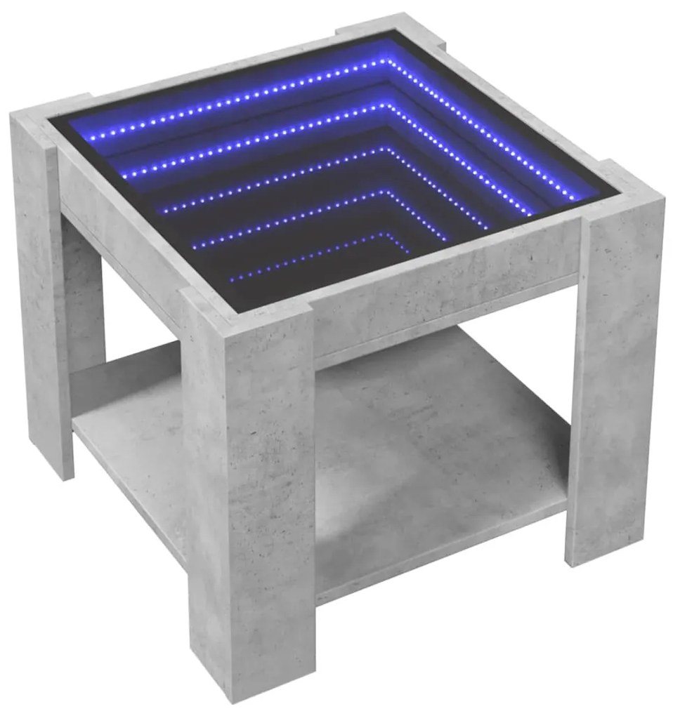 betonszürke szerelt fa dohányzóasztal LED-del 53 x 53 x 45 cm