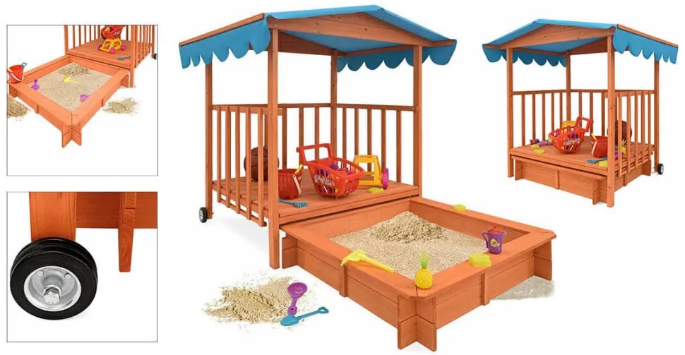 Fa játszóház homokozóval és árnyékoló tetővel