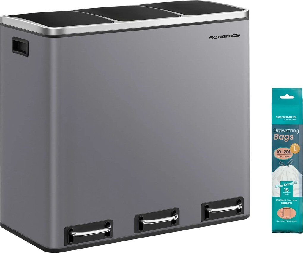 Háromrészes pedálos kuka 3 x 18L lágy záródású fedéllel, szürke