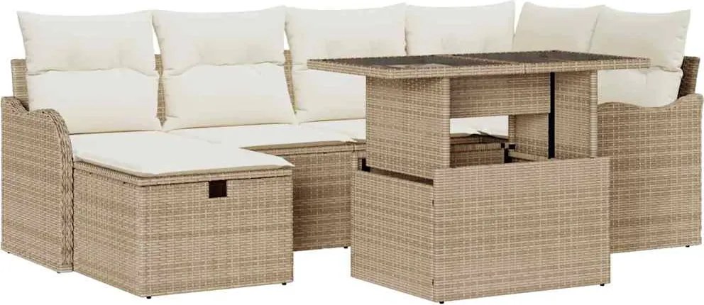 vidaXL Kerti Kanapé Szett párnával tárolóval 7 pcs Bézs Poli rattan