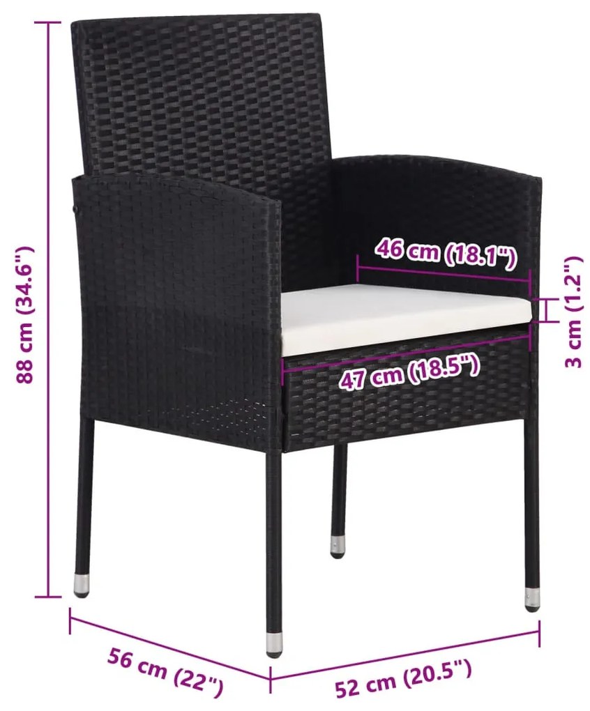 4 db fekete polyrattan kerti szék krémfehér párnákkal