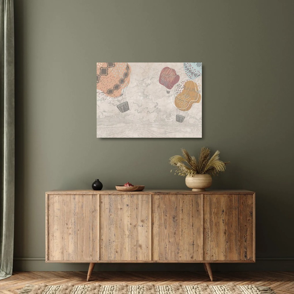 Kép - léggömbök a város felett , meleg tónusok (üvegen) (70x50 cm)