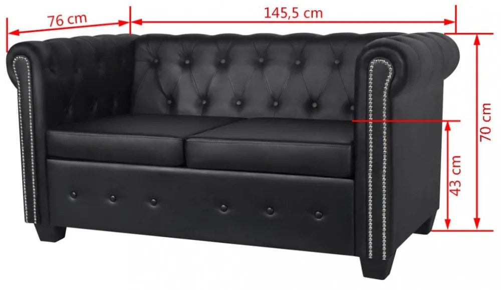 2 személyes és 3 személyes fekete műbőr Chesterfield kanapé