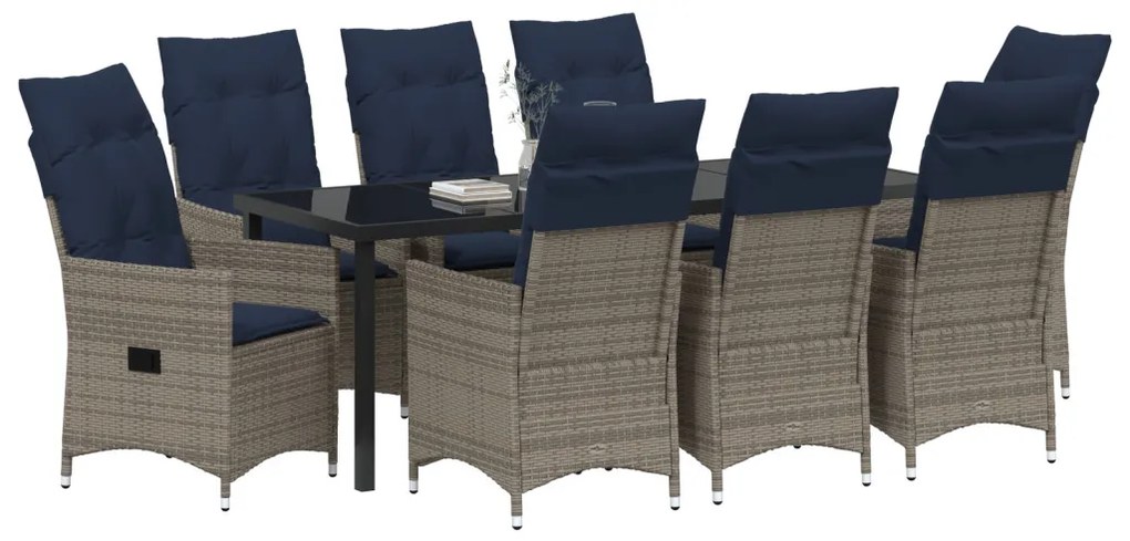 9 Részes Kerti Étkezőszett Párnákkal Szürke Poly Rattan