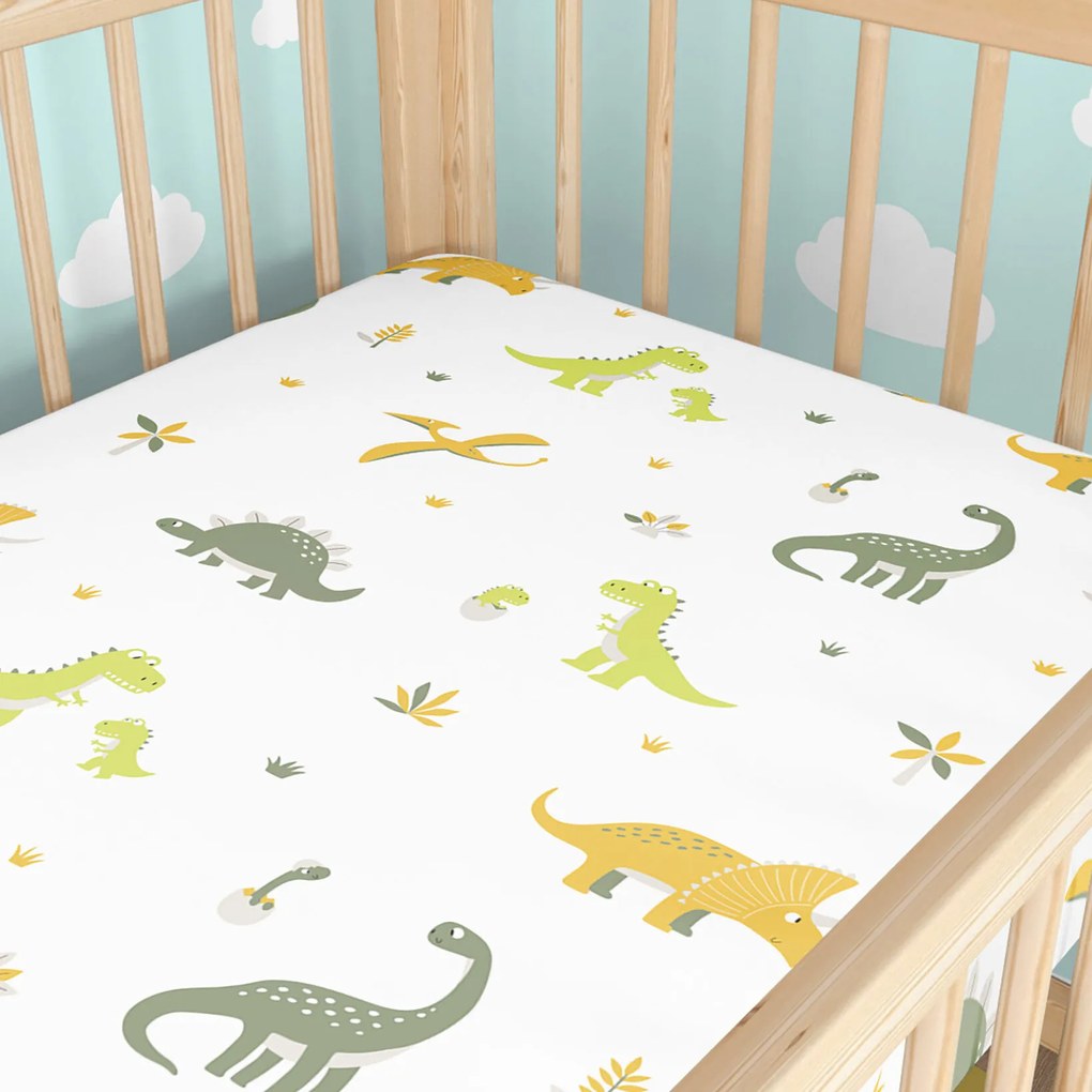 Goldea gyermek gumis pamut lepedő kiságyba - dinoszauruszos kalandok 70 x 140 cm