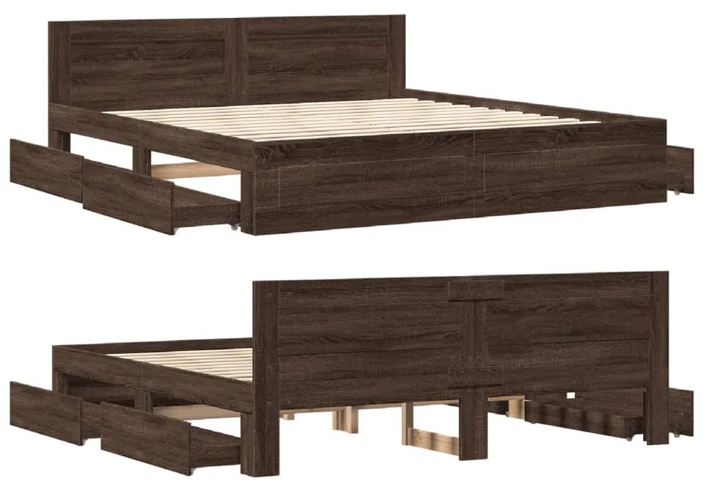 barna tölgy színű szerelt fa ágykeret fejtámlával 200 x 200 cm