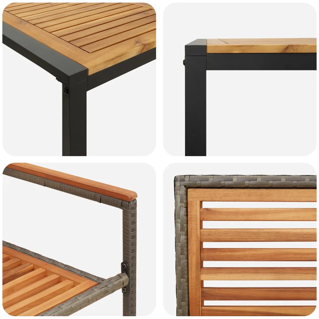 5 Darabos Kert Étkező Készlet Szürke Poly Rattan Akác, Rakható Kerti Székek Párnákkal 2 db Szürke Poly Rattan