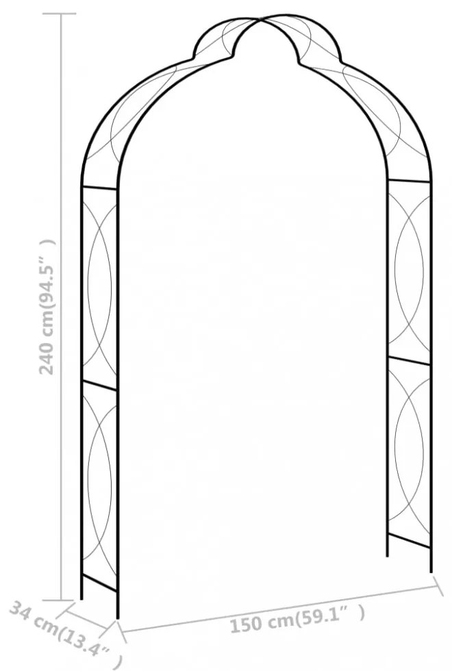 fekete vas kerti boltív kapuval 150 x 34 x 240 cm