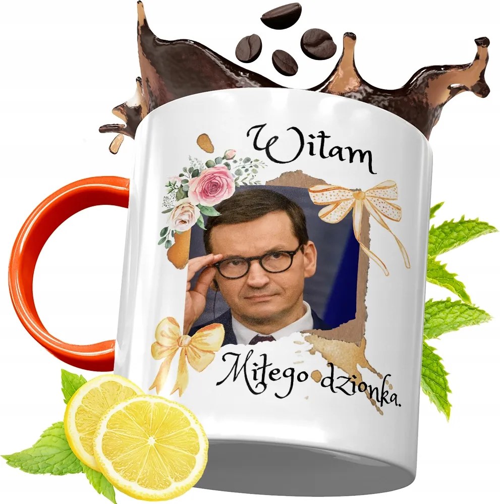 Narancssárga Bögre Mateusz Morawiecki Ajándék fényképes nyomtatással