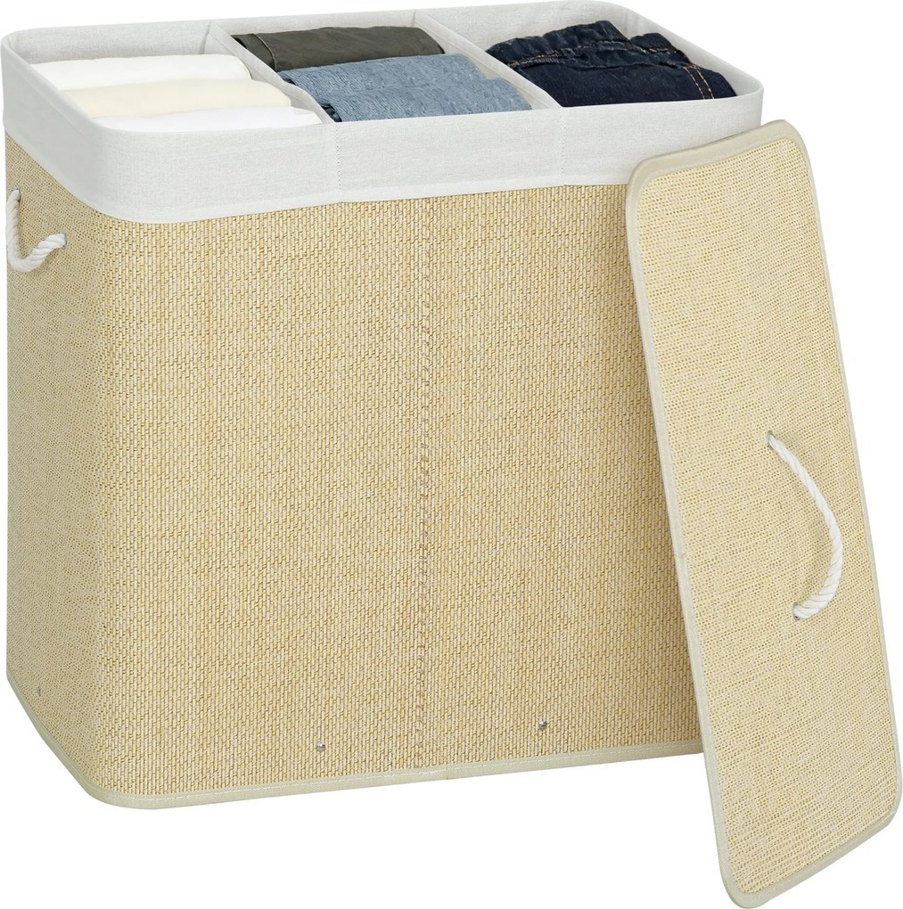 HOMCOM bambusz ruhásszennyes fedéllel, 144 L, 3 rekesz, levehető mosható bélések, 60×40×60 cm, krémszínű | Aosom