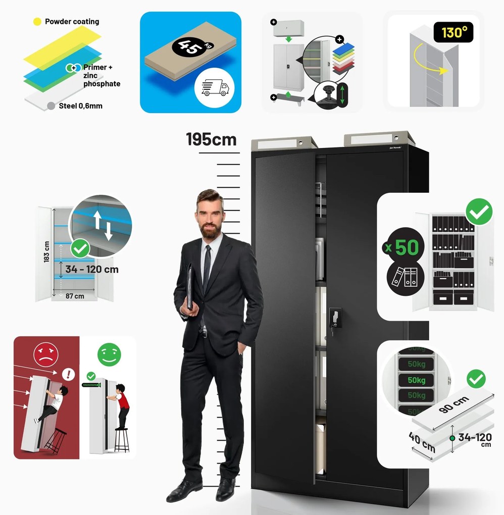 Fém iratszekrény JAN H, 900 x 1950 x 400 mm, fekete