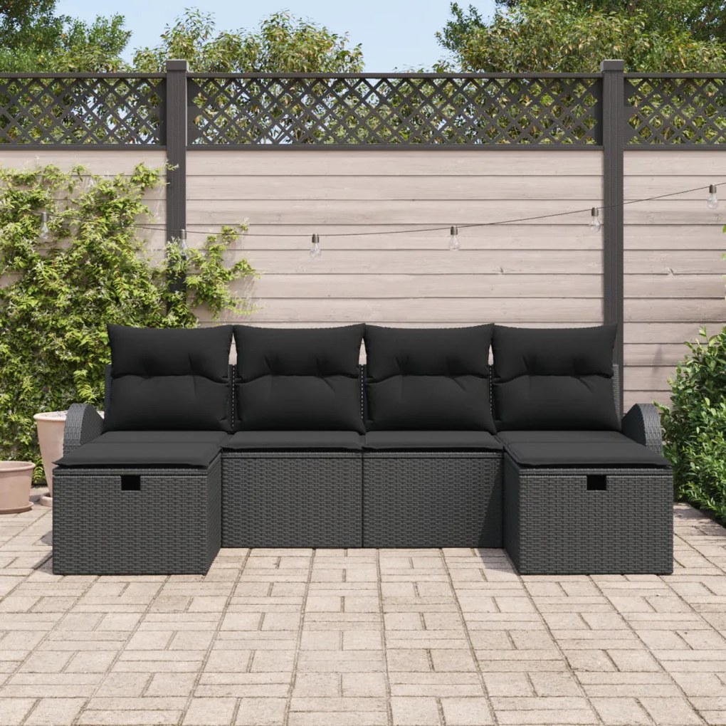 6 részes Kert Sofa Szett Párnákkal Fekete Poli Rattan