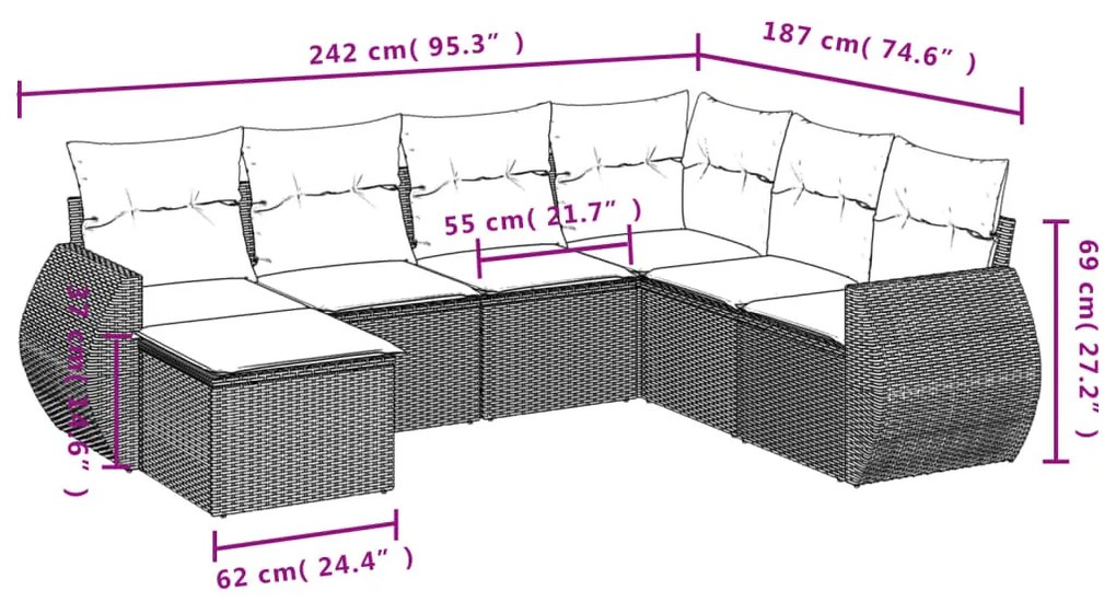 7 részes világosszürke polyrattan kerti ülőgarnitúra párnákkal