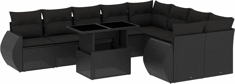 vidaXL 10 részes fekete polyrattan kerti ülőgarnitúra párnákkal