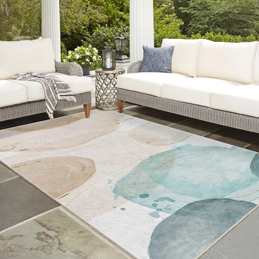 Krémszínű-türkiz mosható futószőnyeg 80x200 cm Puddle – Mila Home