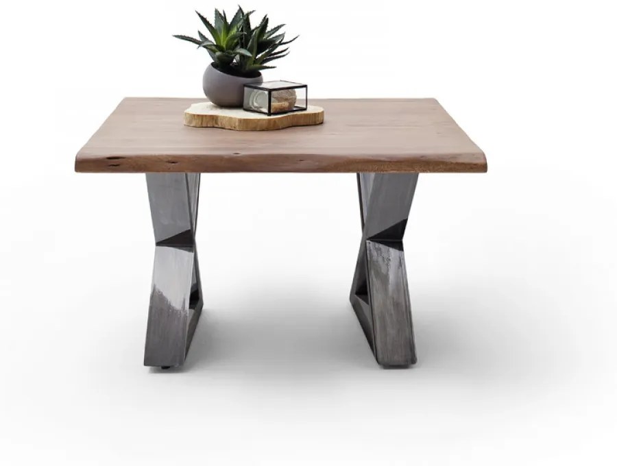 CARTAGENA dohányzó asztal akácfa 75x75cm - X alakú antikolt lábbal - Dió