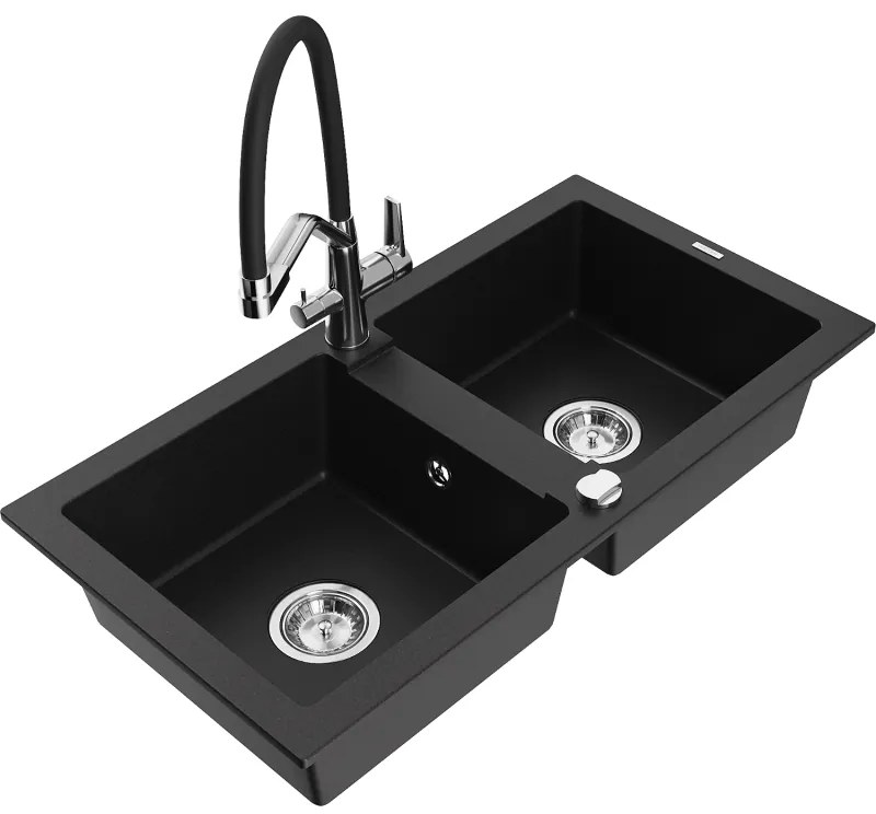 Mexen Mario 2-kamrás gránit mosogató konyhai csappal Duo, fekete - 6504-77-671701-07