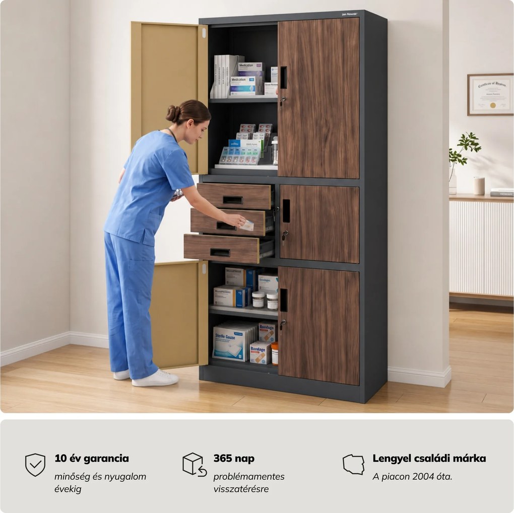 Fém irodai szekrény széffel, antracit, dió, 900x1850x400 mm: FILIP II Eco Design