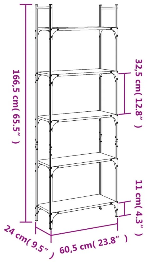 5 szintes fekete szerelt fa könyvespolc 60,5x24x166,5 cm