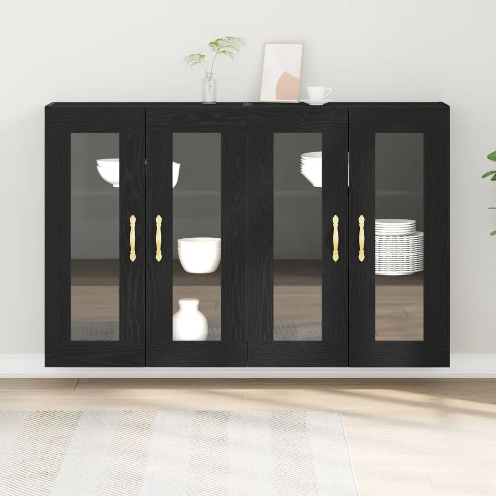 Fali Szekrény 2 db Fekete tölgy Fa, Üveg 139 x 34 x 90 cm