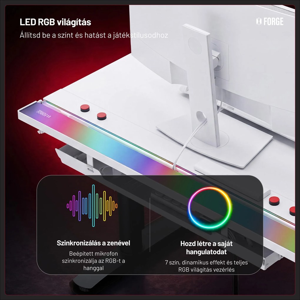 Elektromos RGB gamingasztal tartókkal, fehér-fekete, 140 cm: Diablo X-Forge 1400