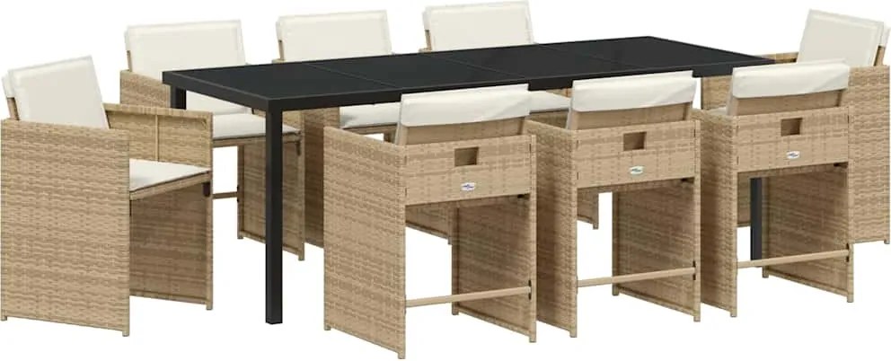 vidaXL Kert étkező szett párnával 9 pcs Bézs polirattan