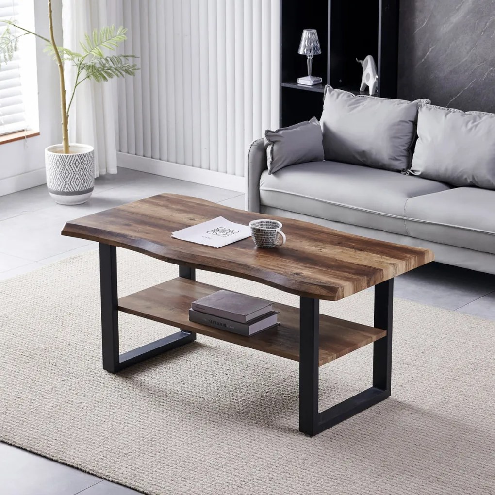 Măsuță de cafea 120x60x55 cm, placă MDF, decor lemn învechit, metal, poliță, picioare negre