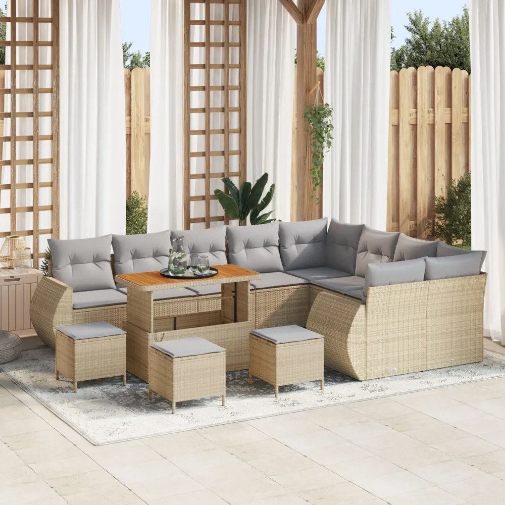 12 darabos kerti kanapészett párnákkal Bézs Poly Rattan Akác, 3 darabos kerti étkező szett párnákkal Bézs Poly Rattan Akác