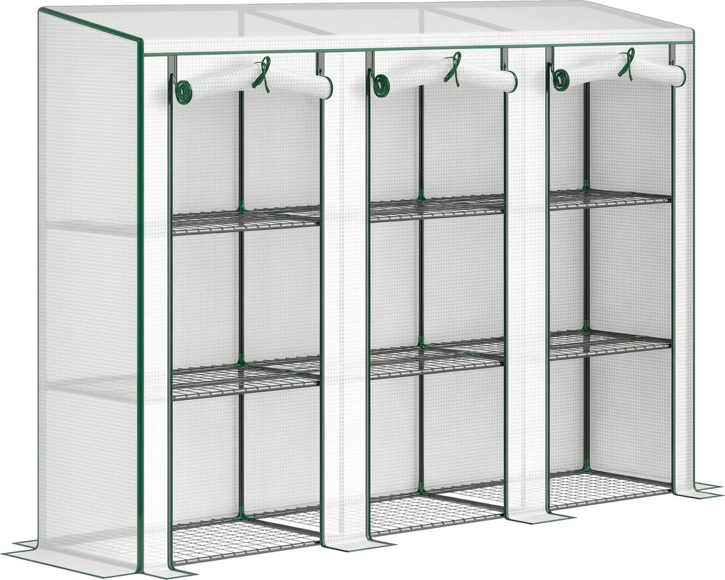 Outsunny 3 polcos PVC kerti mini üvegház acélvázzal, 2 felhajtós cipzáras ajtó — 215 x 46 x 151 cm, fehér | Aosom