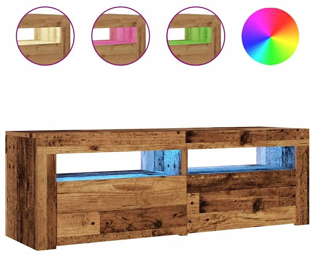 antik fa színű szerelt fa TV-szekrény LED-ekkel 120x35x40 cm