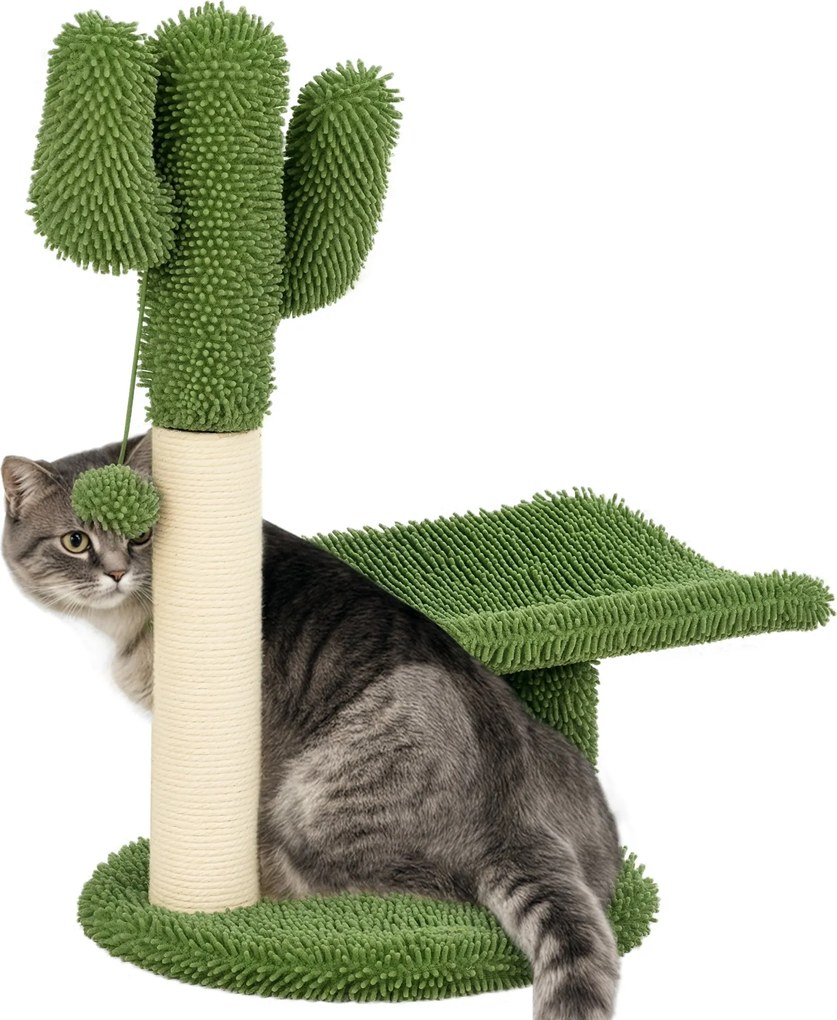 PawHut Kaktusz Formájú Macska Karomfa Kaparóval, Játék Gömbbel és Platformmal, Chipboard és Plüss Macska Torony, 35x31x55.5 cm, Zöld és Fehér | Aosom