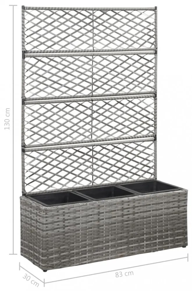 szürke rácsos polyrattan magaságyás 3 kaspóval 83 x 30 x 130 cm