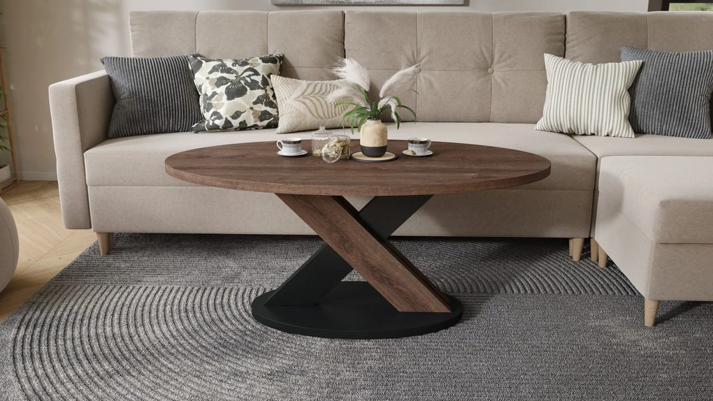 Mazzoni LOXA ovális dohányzóasztal Barna Tölgy / Fekete - DOHÁNYZÓASZTAL 120x65 cm