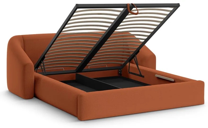 Téglavörös kárpitozott ágyneműtartós franciaágy ágyráccsal 160x200 cm Campi – Cosmopolitan Design