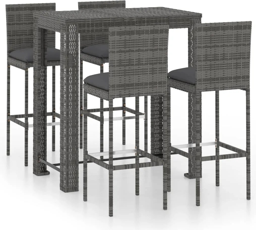 vidaXL 5 részes szürke polyrattan kerti bárszett párnákkal